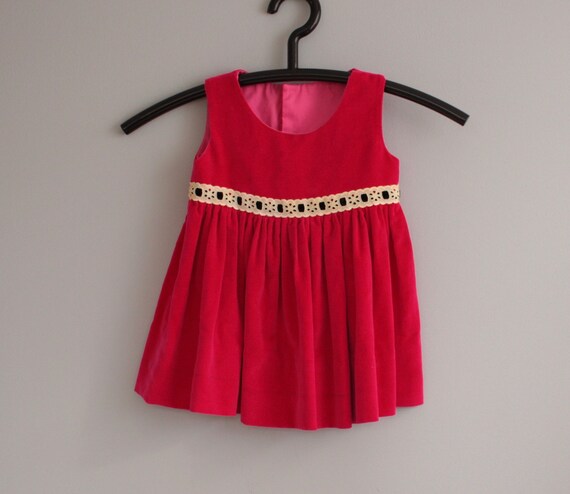 Bright Pink Velvet Toddler Dress Handmade Child's… - image 1