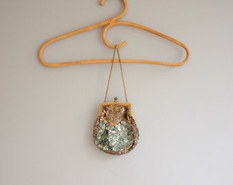 Small Vintage Sequined Purse Evening Bag With Gold Wrist Chain