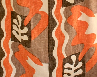 Mid Century Linen Textile Panels 1950s Matisse Cutout Influenced Orange Brown Off White Five Available