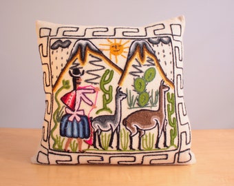 1960s Bolivian Weaver With llamas Embroidered Pillow And Insert  16" x 16"