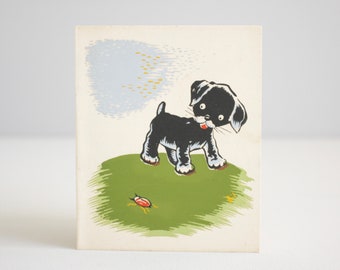 Vintage Handmade Blank Greeting Card Silkscreened Black Puppy Card Ephemera For Framing