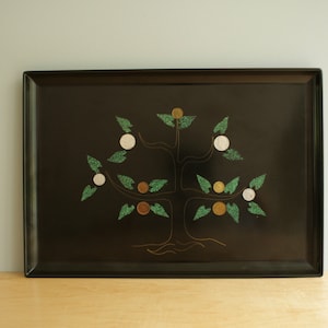 Mid Century Couroc Coin Tree Tray: Inlaid Wood Barware