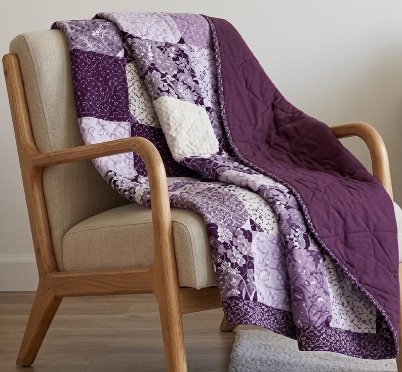 Modern purple lavender quilt pattern with feather and swirl quilting design