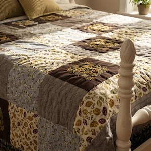 May include: A patchwork quilt featuring alternating squares of solid dark brown fabric with embroidered gold floral motifs, light blue fabric with small floral patterns, and cream fabric with a multi-colored leaf print, all stitched with a quilted texture.