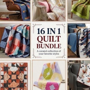 May include: A 16 in 1 quilt bundle featuring a collection of various patterned and colored quilts displayed in a grid. The central text reads 16 IN 1 QUILT BUNDLE A curated collection of your favorite styles. The quilts show diverse geometric designs.