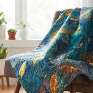 May include: A quilted throw blanket featuring a patchwork design of blue, teal, and green fabric squares. The quilt is decorated with appliqued leaf shapes in shades of yellow, orange, and brown, with intricate stitching patterns throughout the fabric.