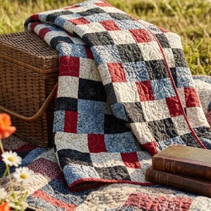 May include: A patchwork quilt featuring a repeating grid of squares in red, black, light blue, and cream. The fabric squares display intricate paisley and floral patterns with visible quilted stitching throughout the textile surface.