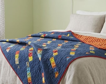 Scrappy Chain Quilt Pattern PDF Beginner Patchwork Throw Navy Blue Stair Step 3 Sizes