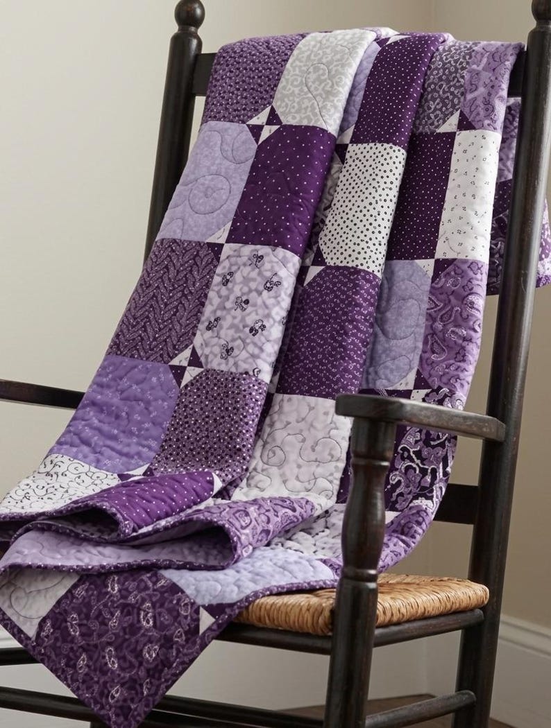 Handmade patchwork throw quilt in purple lavender floral and polka dot prints