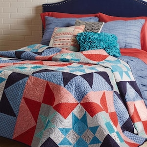 Modello per trapunta a stella in PDF, trapunta a blocchi geometrici, download immediato, design per letto, progetto fai da te