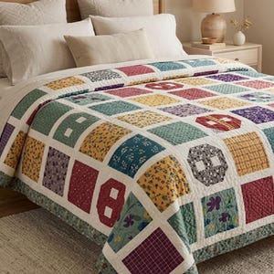 May include: A patchwork quilt featuring a grid of square fabric blocks in various colours including yellow, red, green, purple, and blue. The blocks display diverse floral, plaid, and geometric patterns, all separated by white sashing.