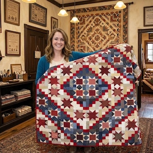 May include: A rectangular patchwork quilt featuring a repeating star pattern in shades of red, navy blue, and cream. The design consists of small fabric squares and star motifs arranged in a geometric layout with a solid red border trim.