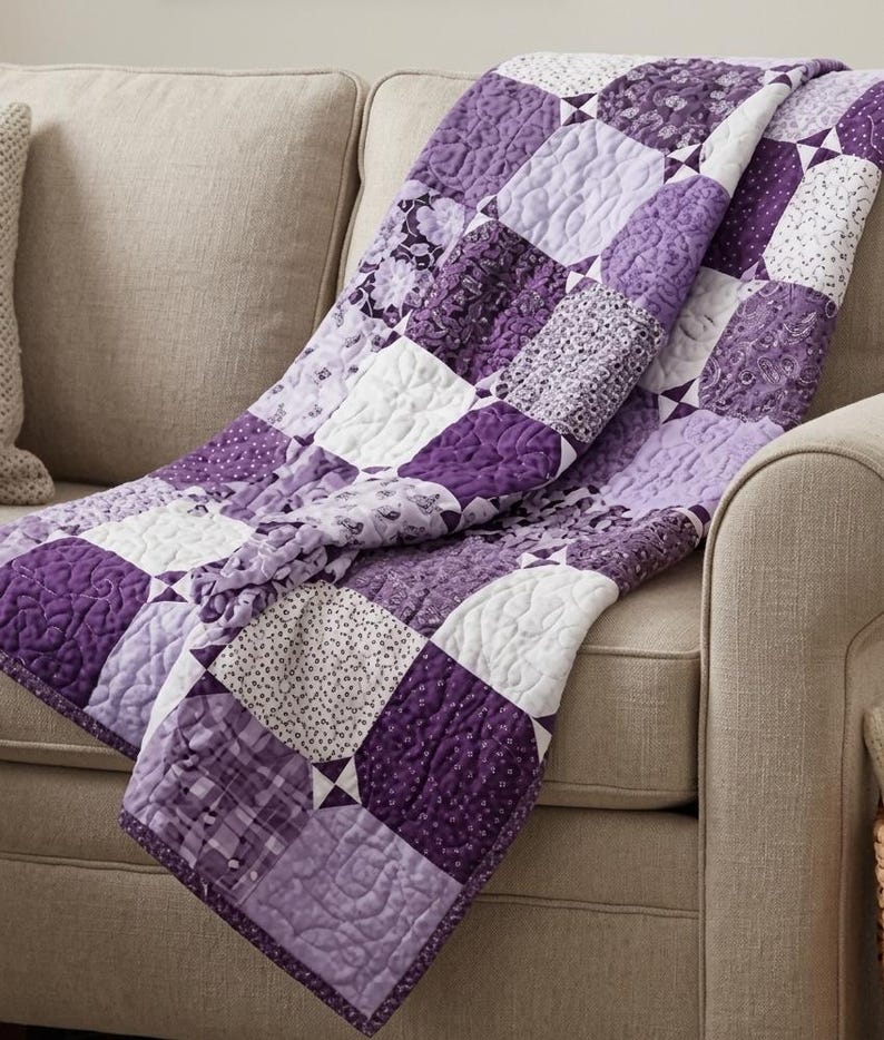 Beginner quilt pattern showing purple and cream hourglass patchwork blocks