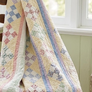 Modello per trapunta a nove quadrati in PDF da scaricare - Trapunta patchwork per principianti - Letto a righe vintage anni '30
