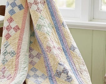 Nine Patch Quilt Pattern PDF Download Beginner Patchwork Quilt Vintage 1930s Stripe Bed