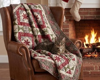 Star Quilt Pattern PDF Poinsettia Applique Holiday Throw Instant Download Deck the Halls Festive Block
