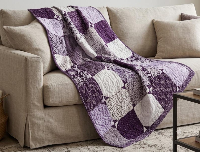 Finished purple lavender hourglass quilt throw blanket 60x75 inches