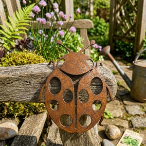 Rusty Metal Ladybug Garden Decor, Foldable Wings, Rustic Outdoor Wall Art