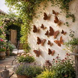 Peut inclure: Une collection de onze sculptures murales en forme de papillon en métal couleur rouille, disposées en groupe sur un mur texturé blanc cassé. Chaque papillon présente des formes et des tailles d'ailes distinctes, créant un décor de jardin en relief.