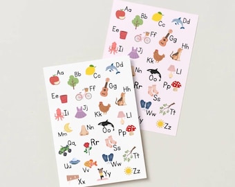 Letterposter a t/m z (wit, blauw, roze en gele achtergrond)