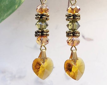 Orange Swarovski Fall Dangle Earrings Gift, Heart Earrings for Her, Amber Gold LARP Earrings, Ren Fair Jewelry