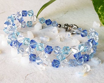 Icy Blue Swarovski Woven Cuff Bracelet, Frozen Princess Birthstone Jewelry, Sparkly Gift For Her