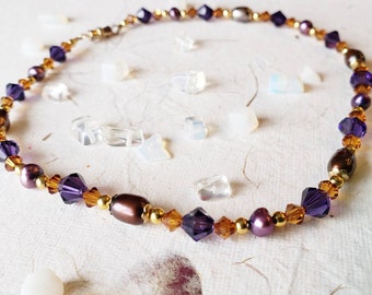 Moroccan Inspired Fresh Water Pearl Swarovski Anklet, Dark Jewel Toned Jewelry Gift For Her, Gypsy Belly Dancer Anklet