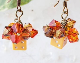 Orange D6 Dice Earrings, Swarovski Poker Earrings, Gambling Gaming Jewelry, DnD Dice Earrings, Gamer Girl Gift