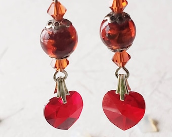 Red Swarovski Heart and Lamp Work Earrings, Love Inspired Dangle Earrings, Valentines Day Jewelry Gift For Her