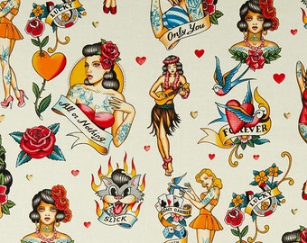 Don't Gamble with Love - Alexander Henry - Tea / Ivory - Tattoo Girls - Tattoo Girl Fabric by the yard