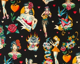 Don't Gamble with Love - Alexander Henry - Black - Tattoo Girls - Tattoo Girl Fabric by the yard
