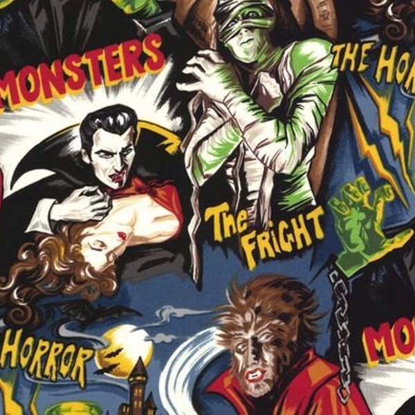 Pleasures and Pastimes - Vintage Halloween Characters - by Robert Kaufman - Monsters - Vampires - Halloween Fabric by the 1/2 yard