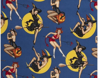 BEWITCHED - Blue - Witches Pin-ups Girls - Rare OOP Alexander Henry 2004 - Sexy Witches Halloween Fabric by the yard
