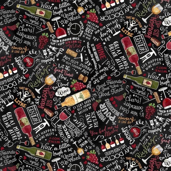 Wine Words on Black - Timeless Treasures - Cotton - Wine Fabric by the 1/2  yard