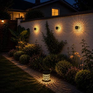 May include: Three circular wall-mounted solar lights with intricate cut-out patterns emitting a warm, starburst-shaped glow onto a white wall, and one matching cylindrical solar lantern placed on a stone path, casting a decorative light pattern.