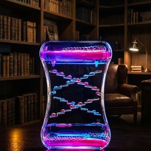 May include: A clear, hourglass-shaped liquid motion bubbler featuring internal staircases. The device contains vibrant pink and blue liquid, with small pink and blue droplets cascading down the steps between the top and bottom reservoirs.