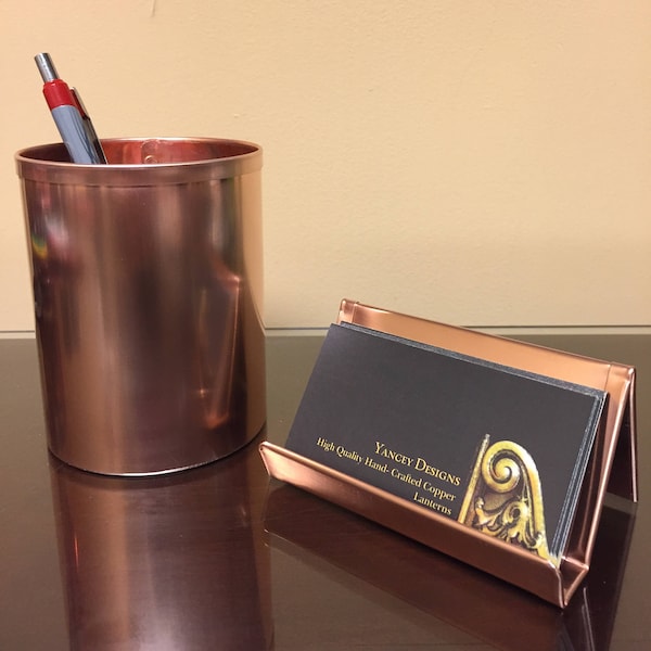 Raw Copper Desk Set: Business Card & Pencil Holder Combo