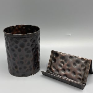 Rustikale Kupfer Karte und Bleistifthalter Combo - Handgehämmerte Bronze-Finish, Visitenkartenhalter, Kupfer Stiftbecher, Kupfer Schreibtisch Set