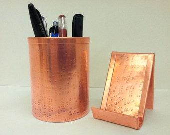 Textured Metal Square Hammered Solid Copper Vertical Business Card Holder and Pen Cup Set for Home or Office Desk Accessories