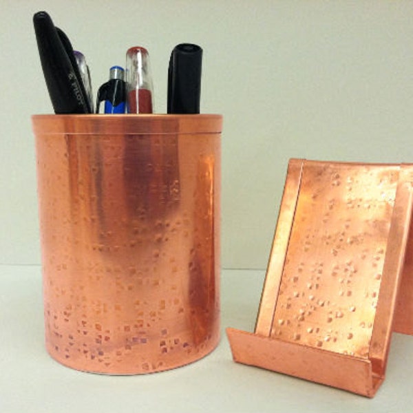 Textured Metal Square Hammered Solid Copper Vertical Business Card Holder and Pen Cup Set for Home or Office Desk Accessories