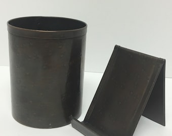 Round Hammer Vertical Copper Business Card Holder Pencil Cup Combo, Office or Home Desk Set, Business Card Holder for Desk, Bronze Patina