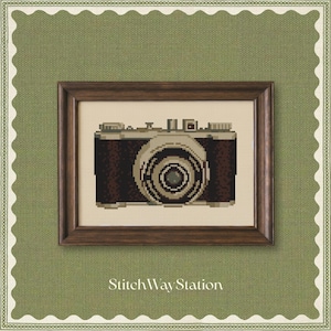 May include: A framed cross-stitch embroidery featuring a pixelated vintage camera design in shades of brown, cream, and gray. The artwork is displayed in a dark wood frame, set against a textured olive green background with a scalloped white border.