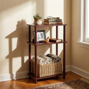 May include: A three-tier dark wood shelving unit with four cylindrical support posts. The top shelf holds a potted succulent, two stacked books, and a magnifying glass. The middle shelf features a framed photograph and a wooden bird figurine. A woven basket containing three rolled blankets sits on the bottom shelf.