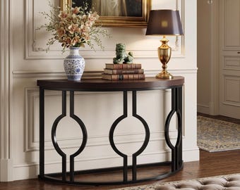Industrial Console Table: Curved Semi-Circle, Dark Distressed Wood, Metal Frame