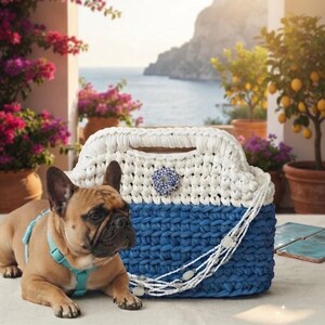 May include: A fawn-colored French Bulldog wearing a light blue harness sits next to a two-toned crochet handbag. The bag features a white top section with a small blue floral accent and a solid blue bottom section, adorned with a white beaded strap.