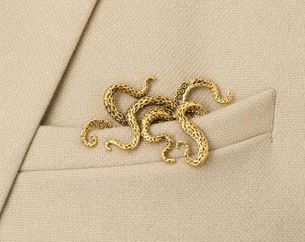 Nautical Tentacle Pocket Square Holder – Gold Metal Octopus Suit Accessory and Kraken Lapel Pin Alternative for Formal Menswear