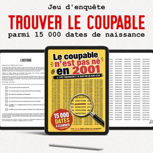 Puede incluir: Un juego de investigación digital mostrado en tres tabletas. La tableta central presenta una portada amarilla con el texto "Le coupable n'est pas né en 2001" y una lupa sobre una lista de fechas. Las tabletas laterales muestran texto y fechas.