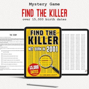 Może przedstawiać: Cyfrowa gra kryminalna zatytułowana Find the Killer z żółtą okładką, lupą nad listą dat, otoczona dwoma ekranami pokazującymi stronę z historią i ponad 15 000 dat urodzenia, z rysikiem umieszczonym poniżej.