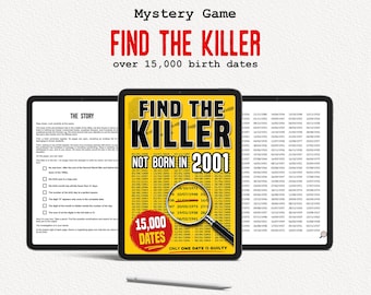 Könnte beinhalten: Ein digitales Mystery-Spiel namens Find the Killer mit gelbem Cover, einer Lupe über einer Datumsliste, flankiert von zwei Bildschirmen mit einer Story-Seite und über 15.000 Geburtsdaten, mit einem Stift, der darunter platziert ist.
