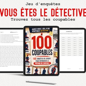 Peut inclure: Un jeu d'enquête numérique intitulé 100 Coupables affiché sur trois écrans de tablette. L'écran central présente un tableau en liège avec des punaises rouges, des silhouettes et le texte 100 Coupables. Les écrans latéraux montrent des listes.